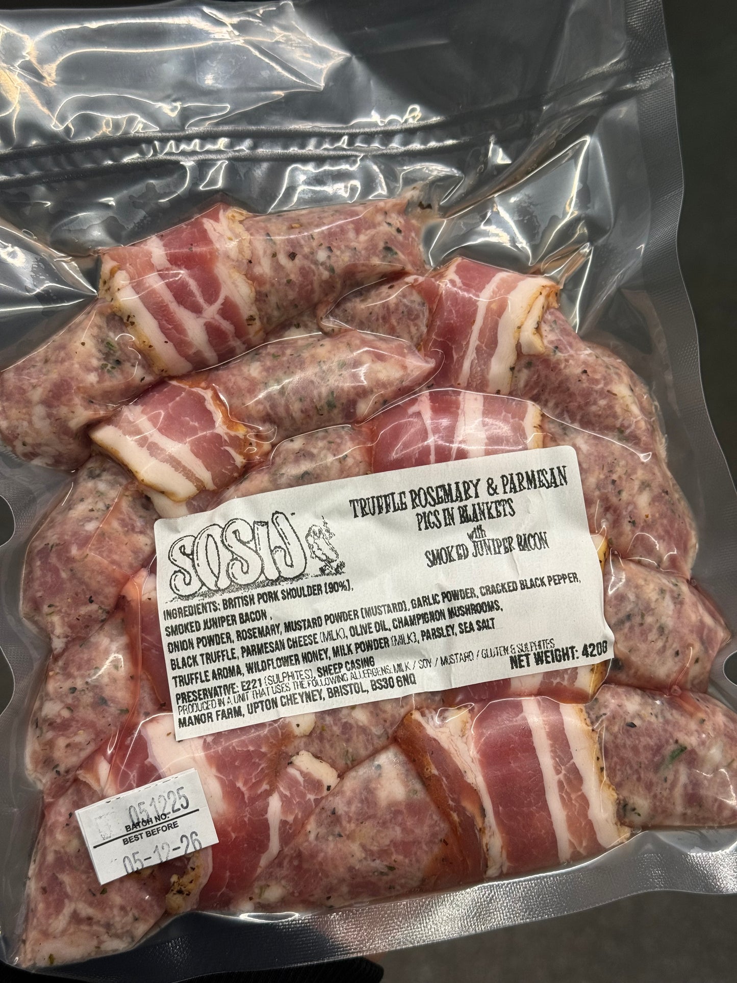 Truffle, Rosemary & Parmesan Pigs in Blankets wrapped in Smoked Juniper Bacon